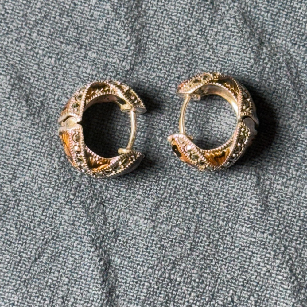 Sterling Silver Judith Jack Marcasite Hoop Cuff Earrings Amber Details View 4